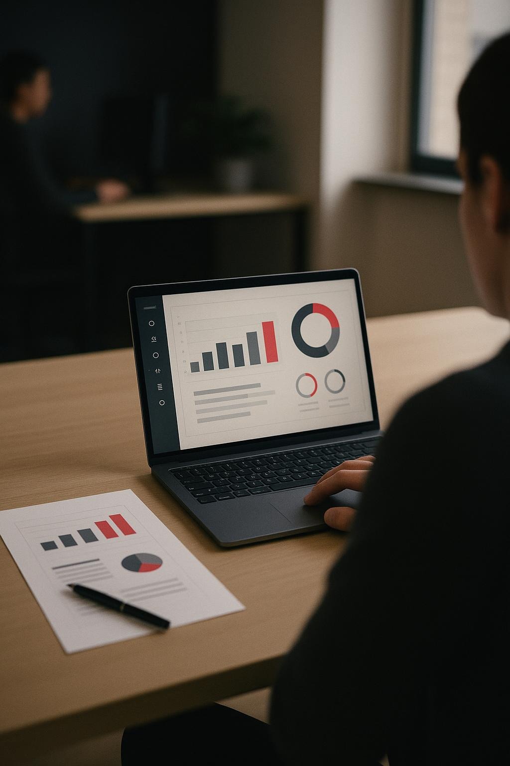 Tableau de bord de suivi sur un ordinateur portable, à côté d&amp;#039;un rapport imprimé
