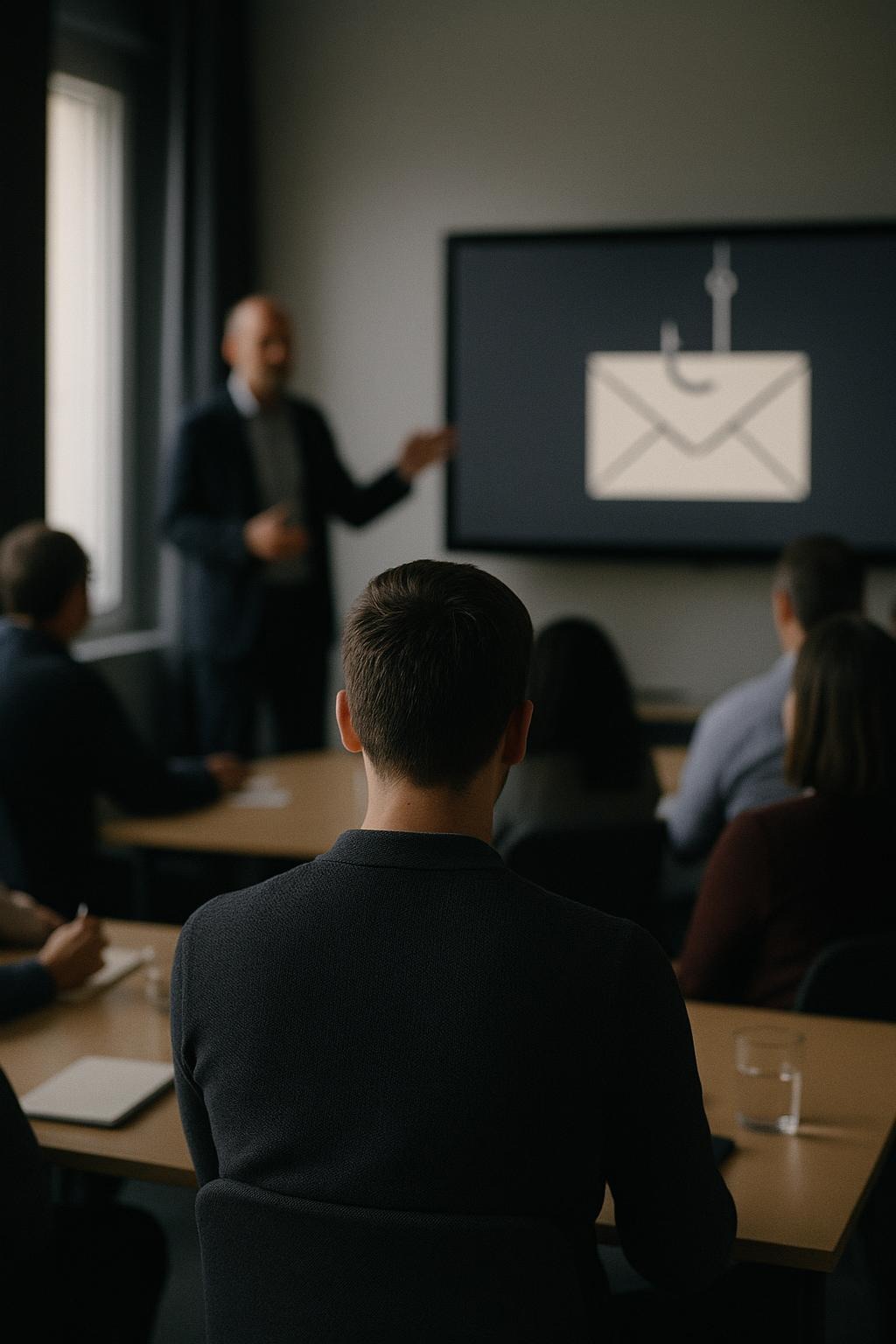 Session en salle : un formateur présente un e-mail piégé à un groupe de collaborateurs