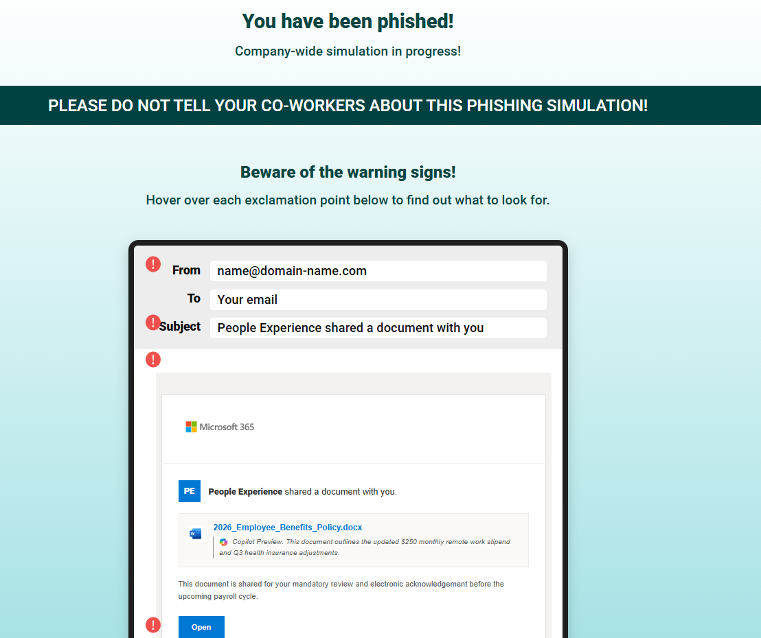 Page de rétroaction affichée après une simulation : « You have been phished! », avec le courriel annoté de ses signaux d'alerte